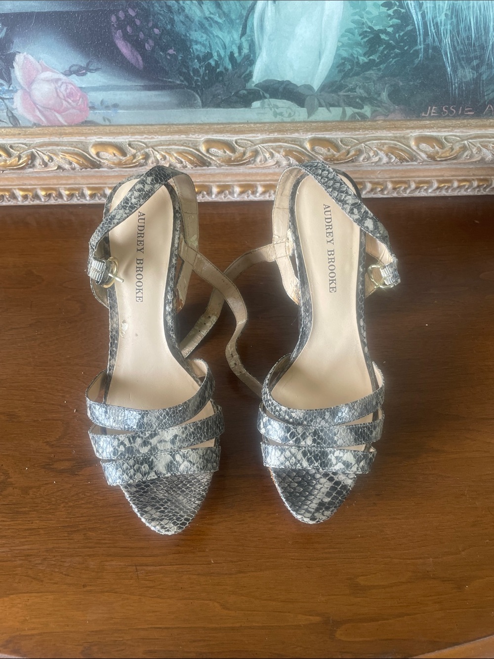 Audrey Brooke Snake-Print Strappy Heels — Black & Cream